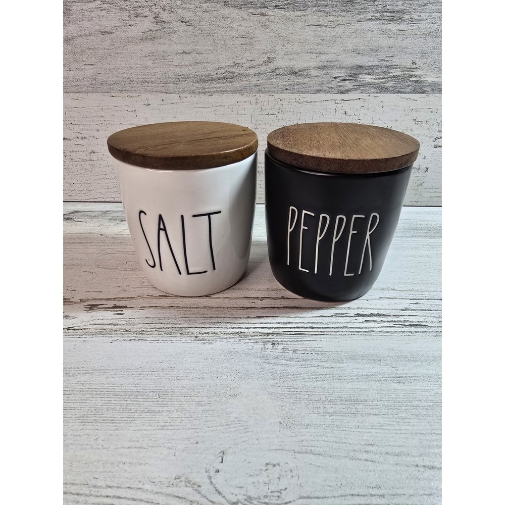 Rae Dunn Artisan Collection‎ Salt and Pepper Cellar Set White Black Wood Lids